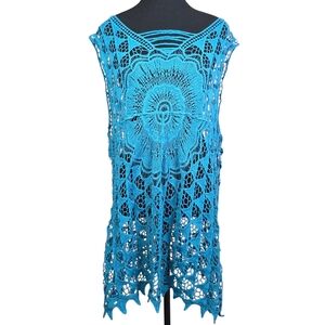 Elegant Blue Crochet Swim Coverup Size L